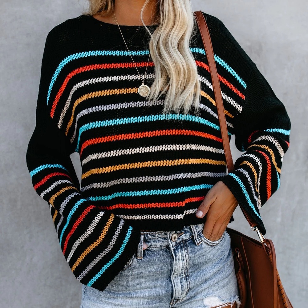 ♦️🎊Free Breeze Colorful Striped Sweater Black - Picture 5 of 7